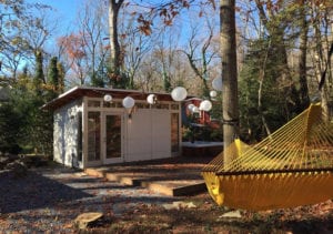 Prefab Studio Shed in a Forest with Hammock