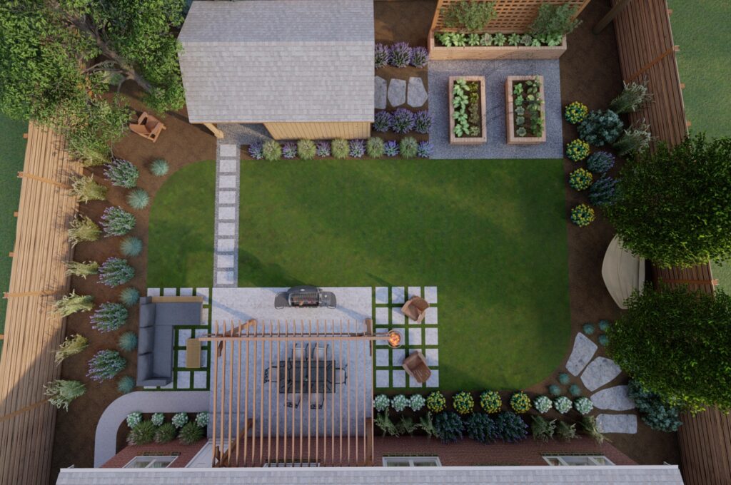 aerial view of a shed landscape in the corner of backyard with a lawn, shrubs and trees 
